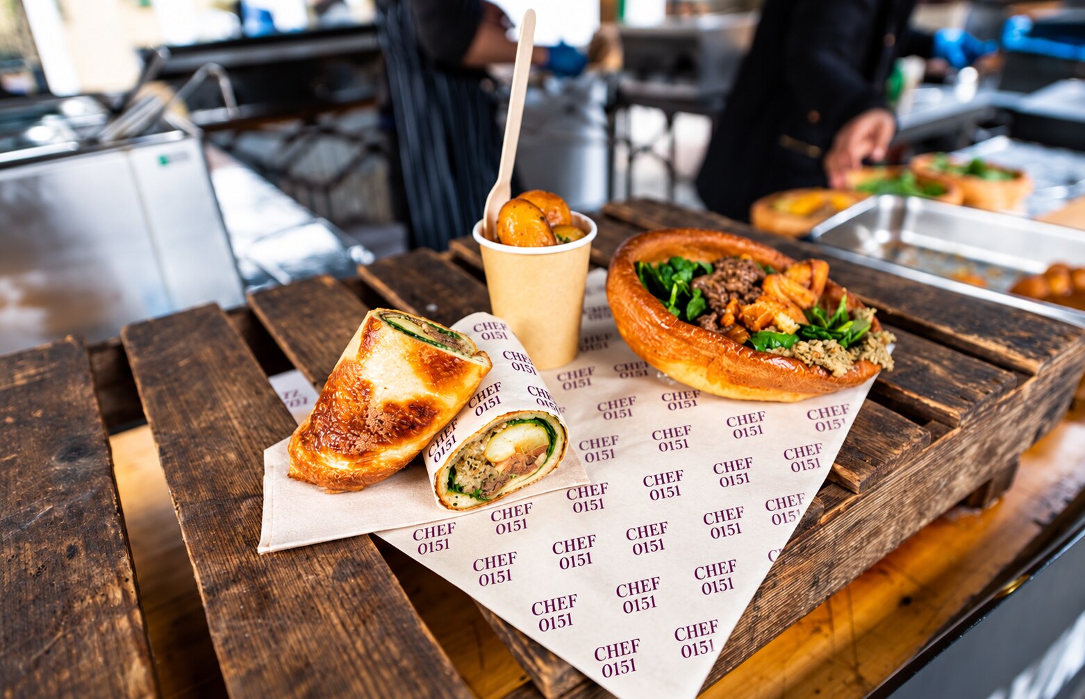Yorkshire pudding burrito with Chef 0151 branded wrapping — illustrative image