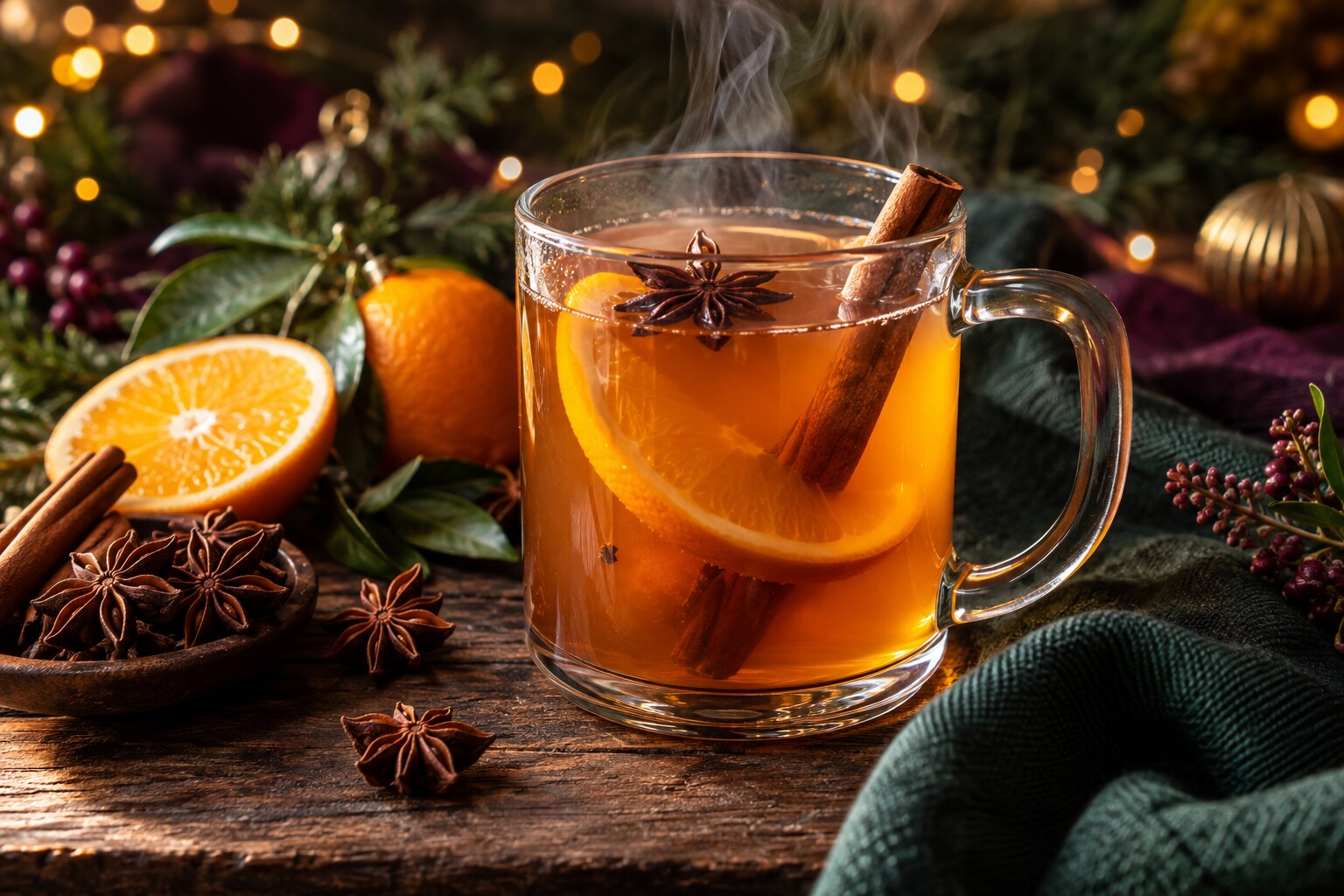 Menu illustration of steaming spiced apple punch with orange and cinnamon