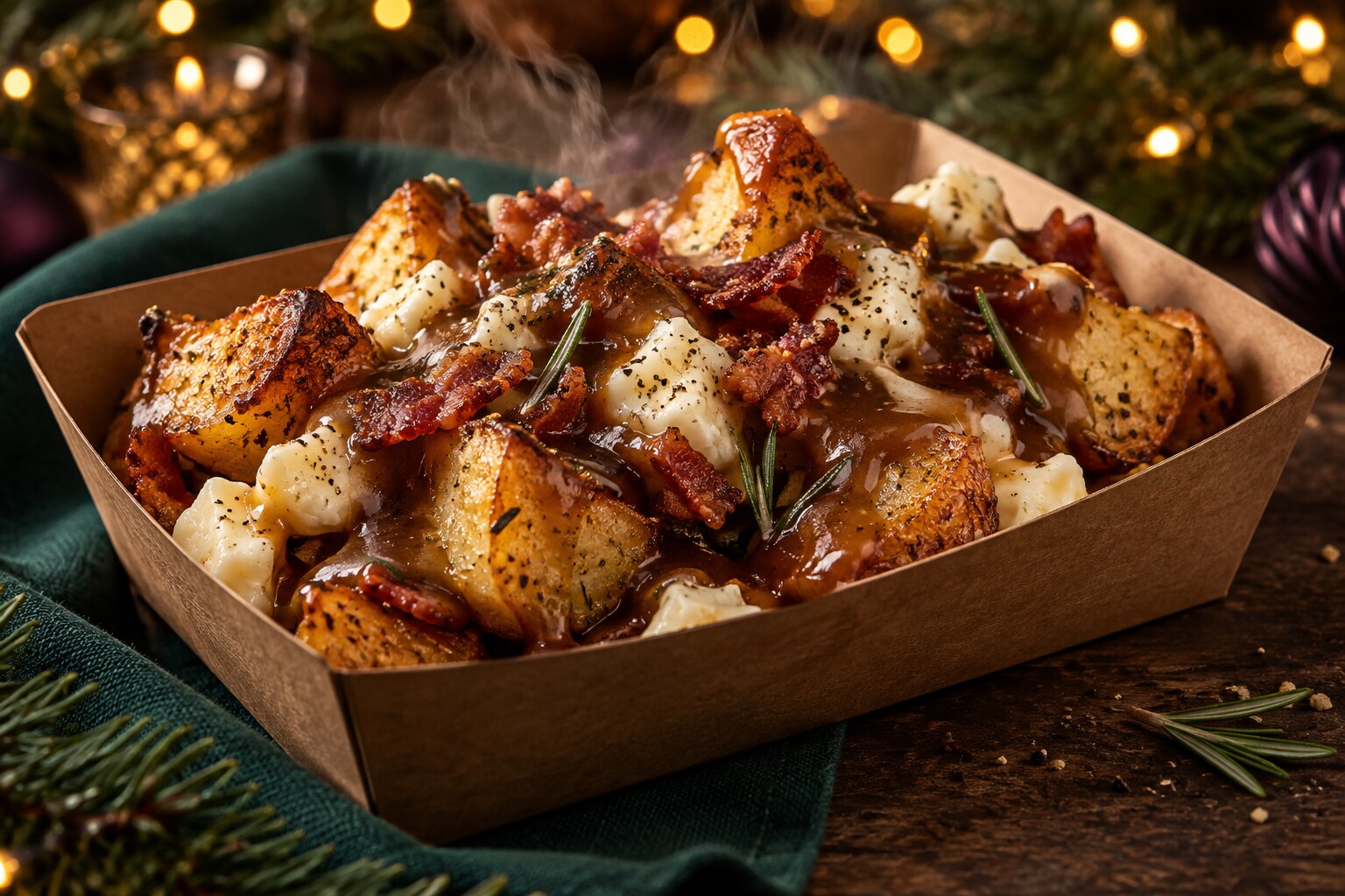 Menu illustration of rosemary roasties with cheese curds, bacon and gravy